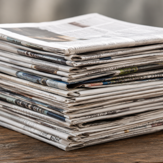 newspaper stack on table